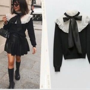 Zara Black and White Ruffled Bow Top